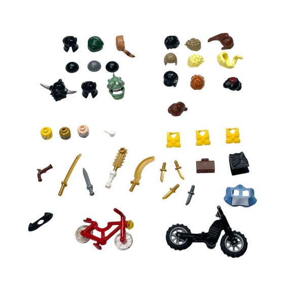 Lot Of Lego Mini Figure Accessories Hats Helmets Hair Weapons Bikes Etc - Picture 1 of 7